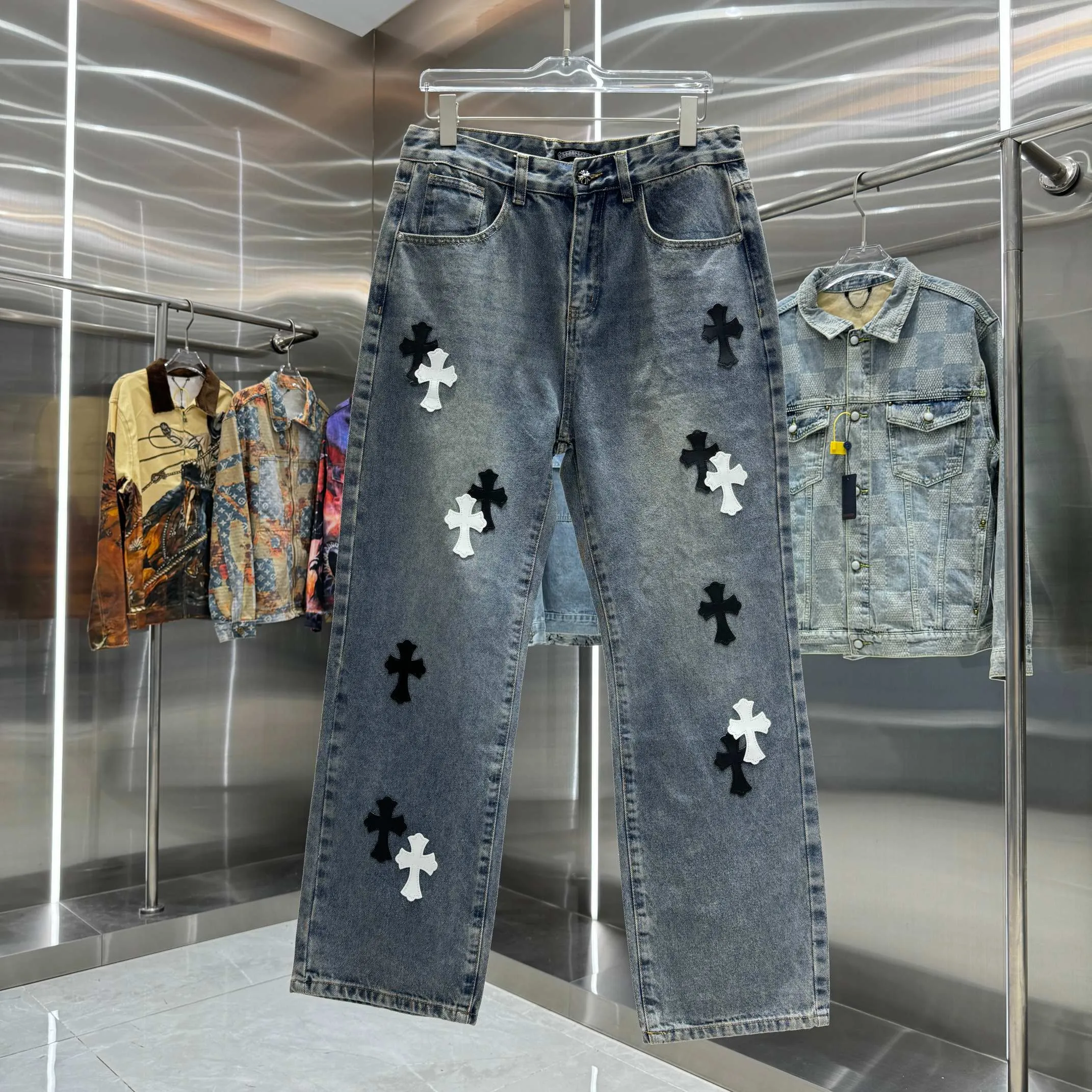 🅿️270 Crow Heart Cross logo + printed logo jeans 2025 latest product, original goods, washed casual jeans, imported original washed stretch fabric, comfortable and elastic, original hardware accessories decorated with logo, super correct version, extremely high grade, counter quality, fashionable and stylish upper body. The printing adopts imported foam printing, customized buttons, YKK zippers. The complete set of accessories is customized by molding. Color: blue Size: S-XXL 28 30 32 34 36 code